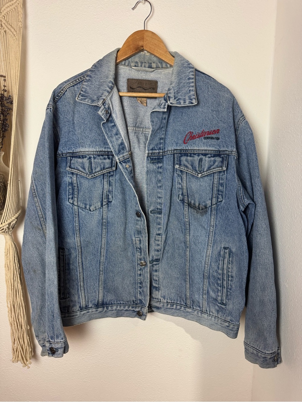 Vintage Light Blue Denim Jacket with Red Script Logo